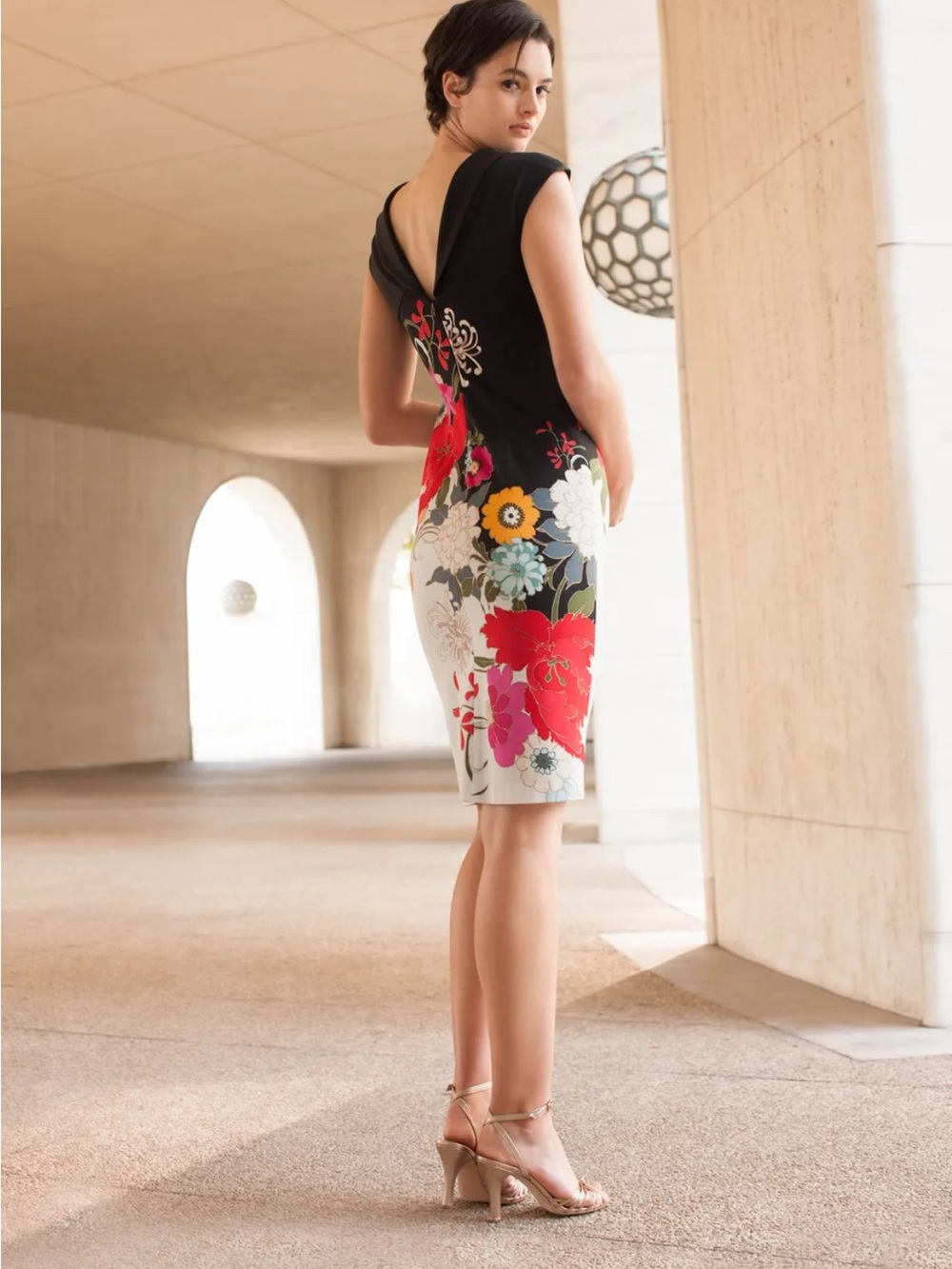 Elegant Black Floral Sheath Dress with Red & White Accents
